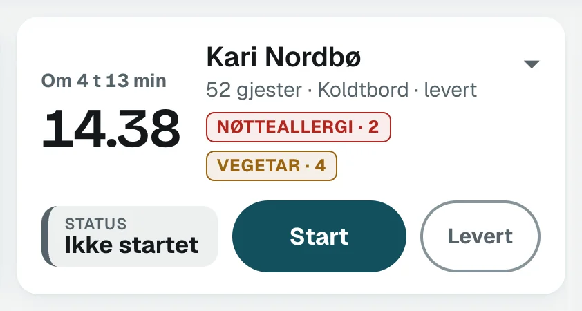 Et oppdrag på kjøkkenskjermen med merkene Nøtteallergi 2 og Vegetar 4.