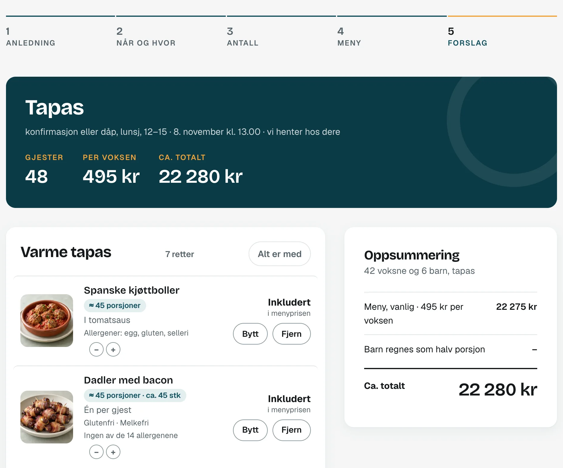 Bestillingssiden: forslag til tapas for 48 gjester med bilder, porsjoner, allergener og pris